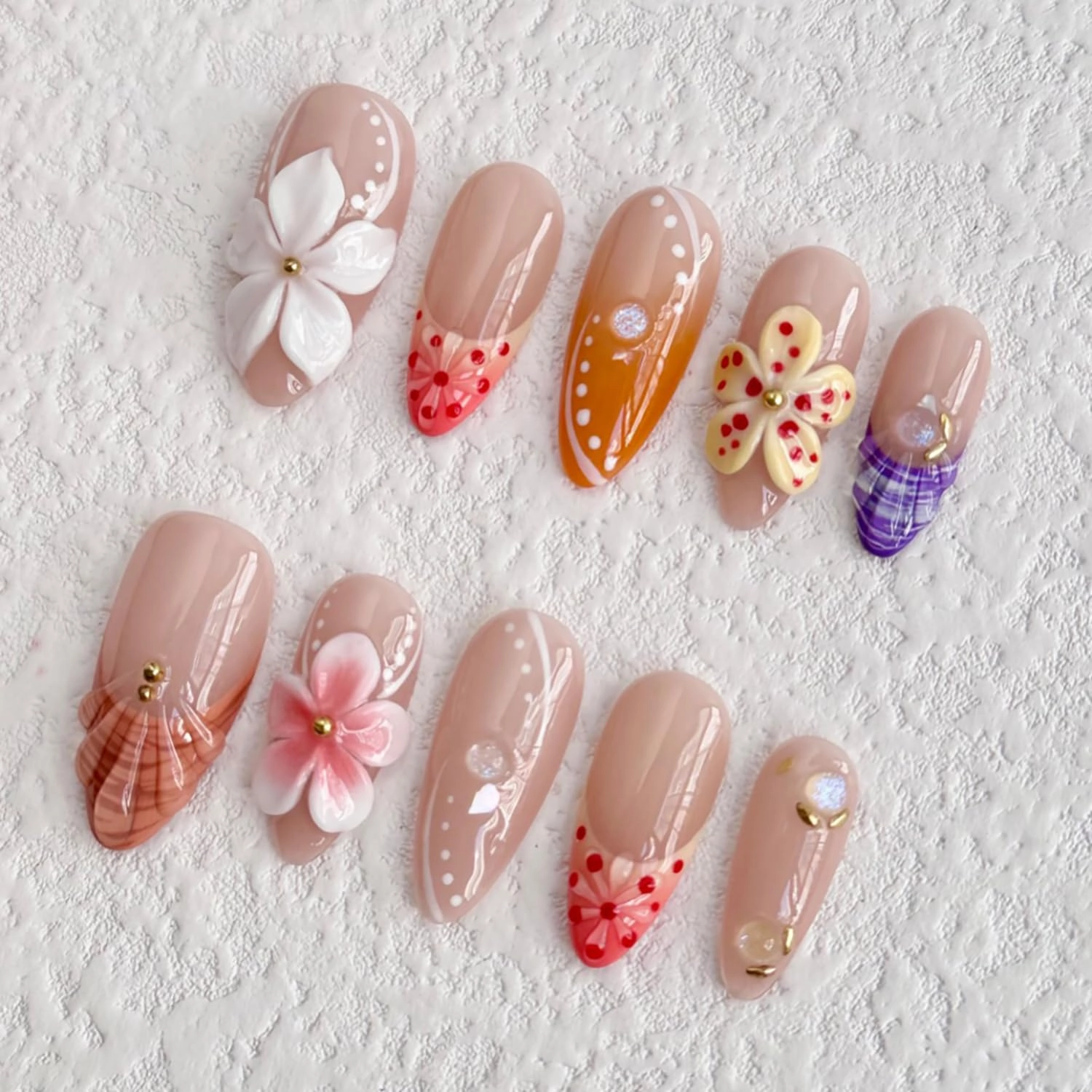 Luxury Press on Nails Medium Almond Handmade 3D Unique Reusable ABS Material Fake Nails French Tip False Nails with Designs Pink White Flower Art Petal Glossy Glue on Nails Thick Acrylic Nails(S)