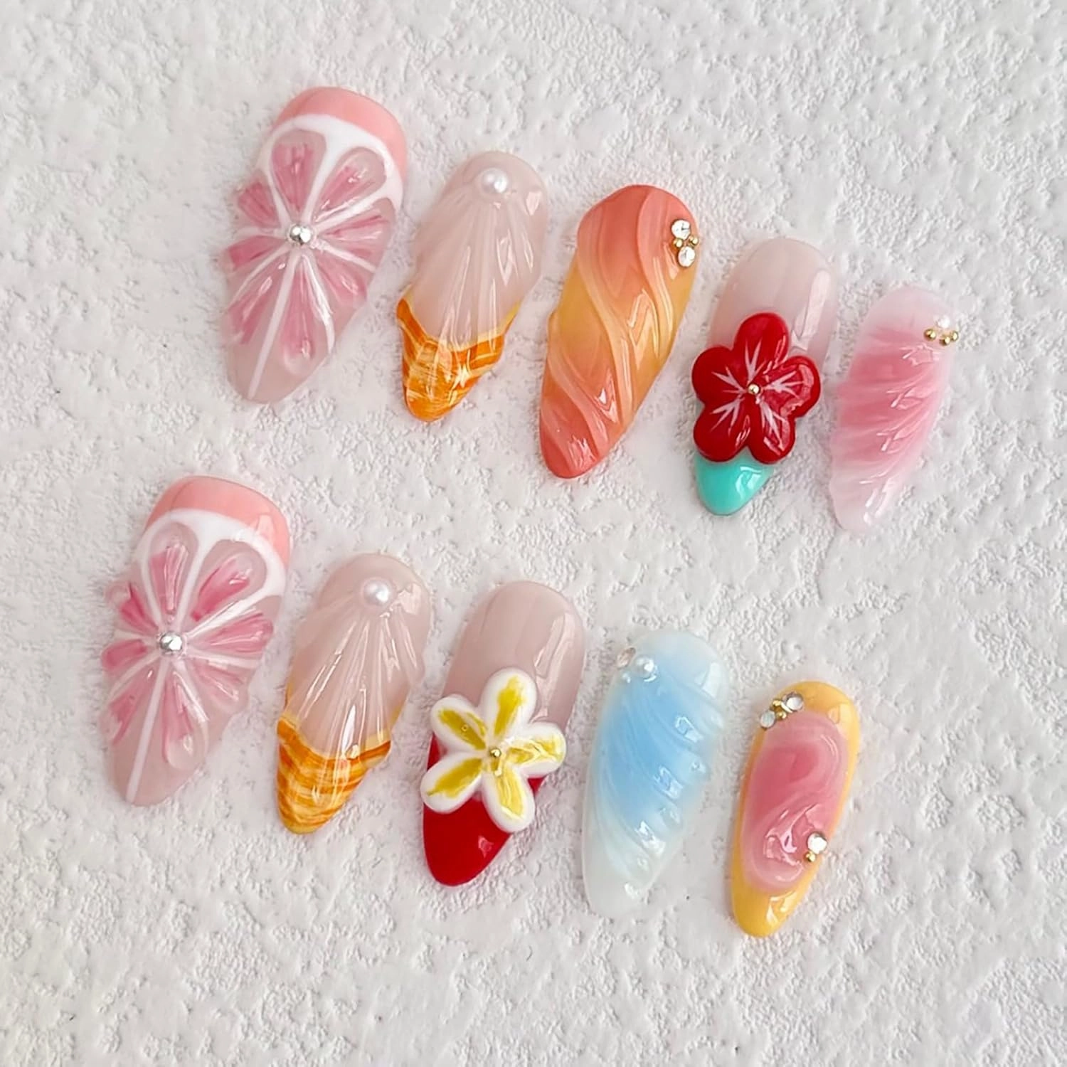 Luxury Press on Nails Medium Almond Handmade 3D Unique Reusable ABS Material Fake Nails Pink Grapefruit False Nails with Designs Shell Red Flower Art Petal Glossy Glue on Nails Thick Acrylic Nails(M)