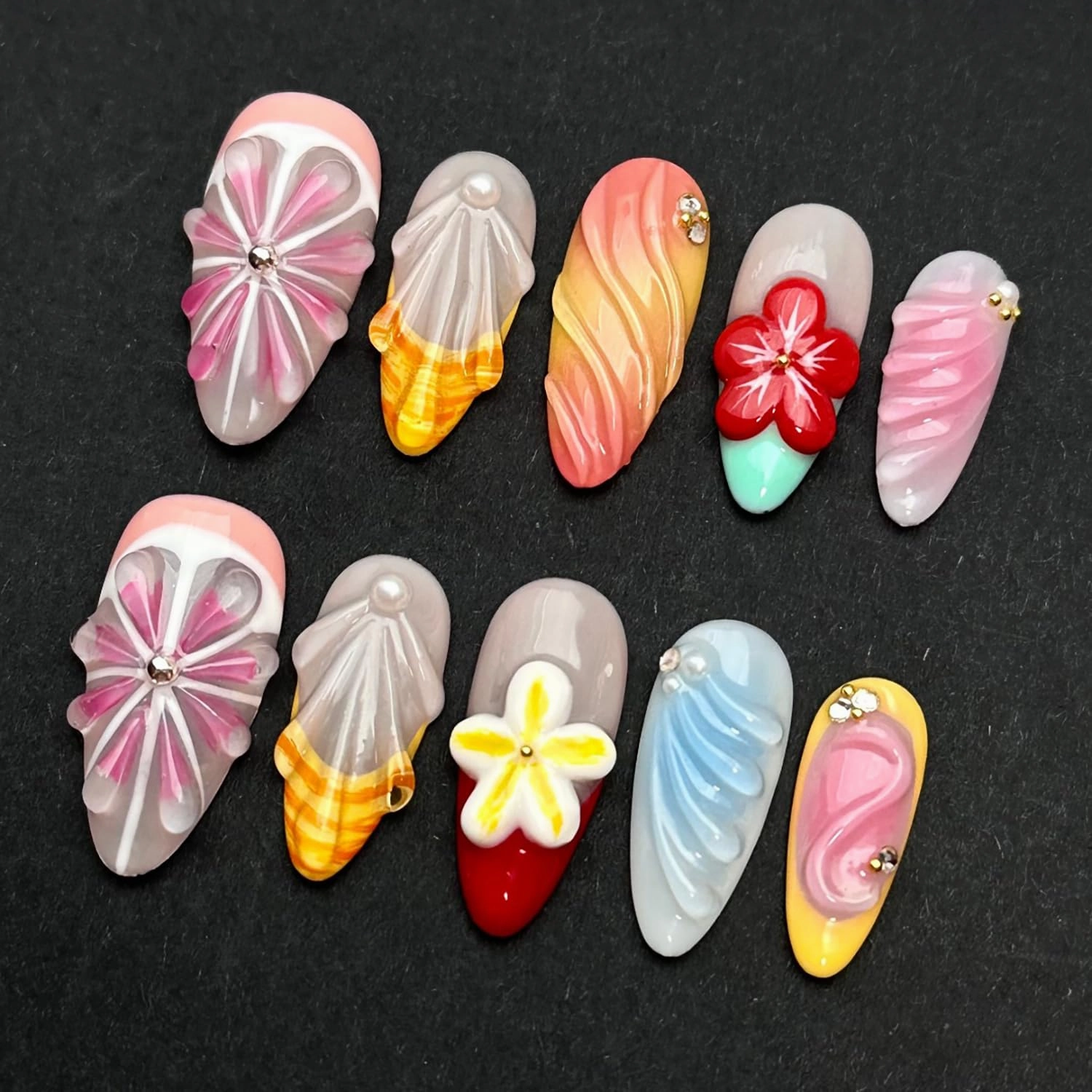 Luxury Press on Nails Medium Almond Handmade 3D Unique Reusable ABS Material Fake Nails Pink Grapefruit False Nails with Designs Shell Red Flower Art Petal Glossy Glue on Nails Thick Acrylic Nails(M)