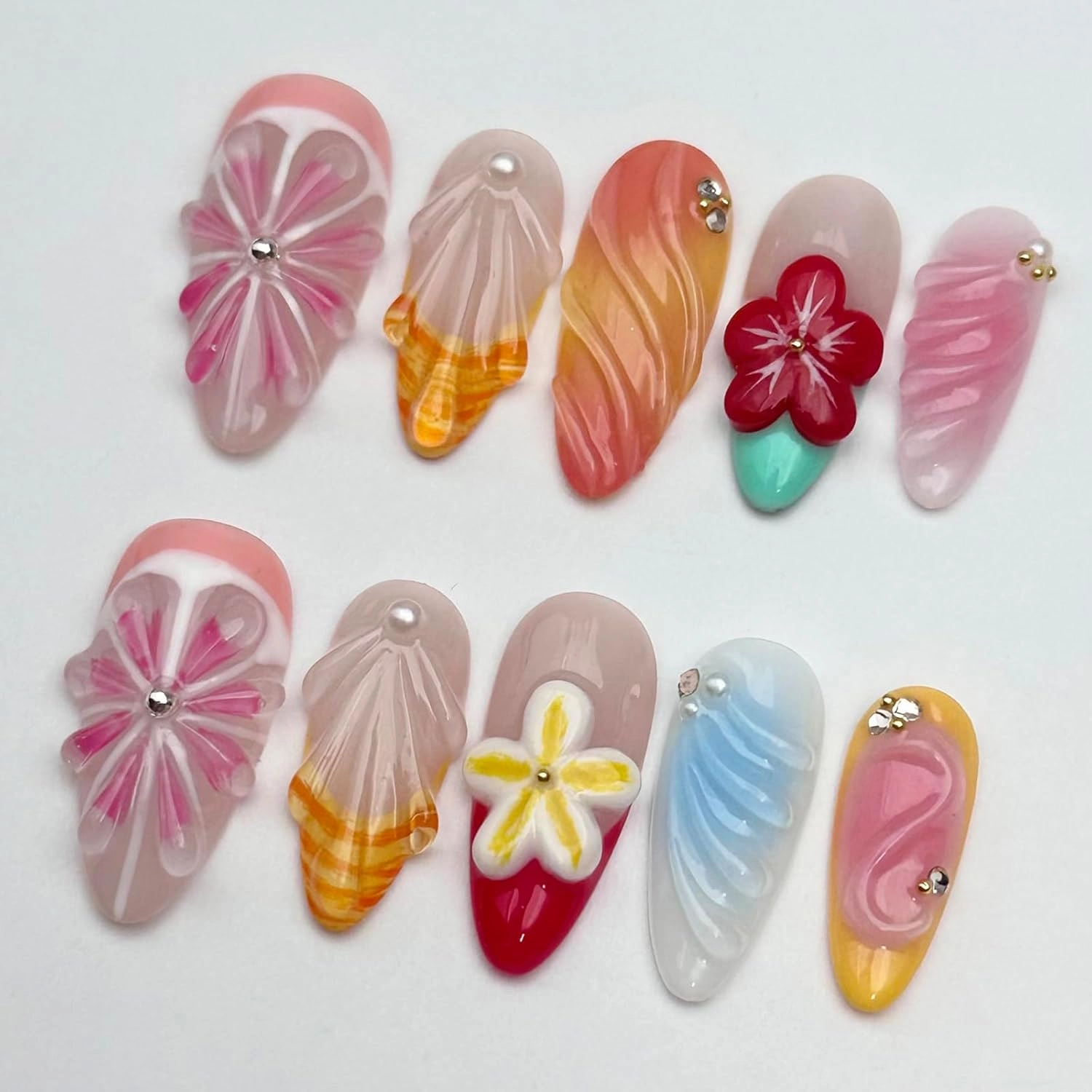 Luxury Press on Nails Medium Almond Handmade 3D Unique Reusable ABS Material Fake Nails Pink Grapefruit False Nails with Designs Shell Red Flower Art Petal Glossy Glue on Nails Thick Acrylic Nails(M)