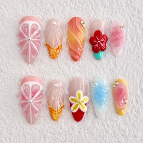 Luxury Press on Nails Medium Almond Handmade 3D Unique Reusable ABS Material Fake Nails Pink Grapefruit False Nails with Designs Shell Red Flower Art Petal Glossy Glue on Nails Thick Acrylic Nails(M)