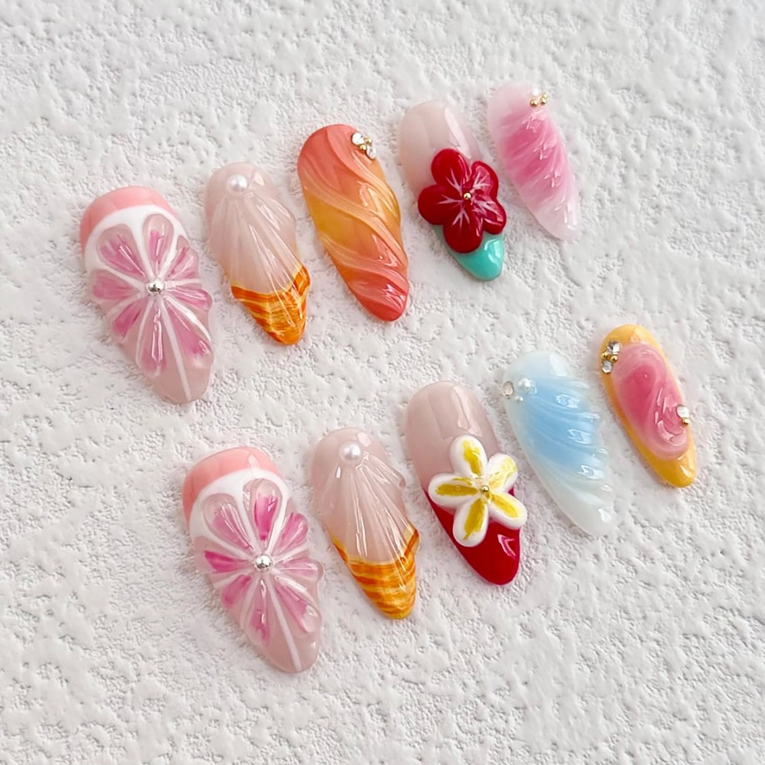 Luxury Press on Nails Medium Almond Handmade 3D Unique Reusable ABS Material Fake Nails Pink Grapefruit False Nails with Designs Shell Red Flower Art Petal Glossy Glue on Nails Thick Acrylic Nails(M)