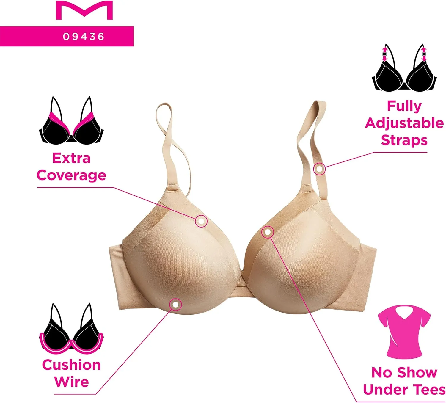 Maidenform Women's Underwire, Comfort Devotion Full-Coverage T-Shirt, Convertible Bra