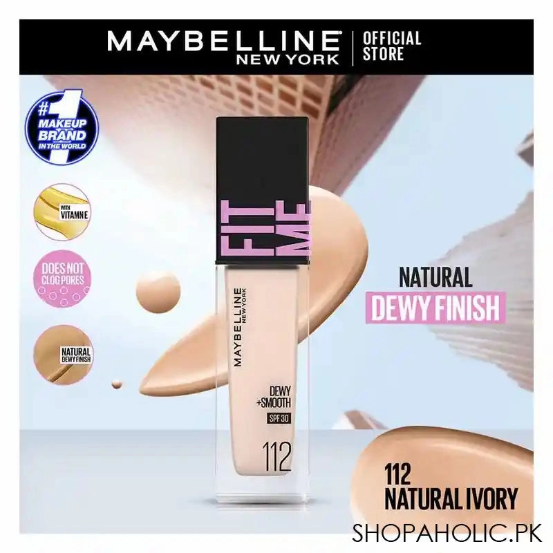 Maybelline New York Fit Me Dewy   Smooth SPF 30 Foundation Pump, 112 Natural Ivory, 30ml