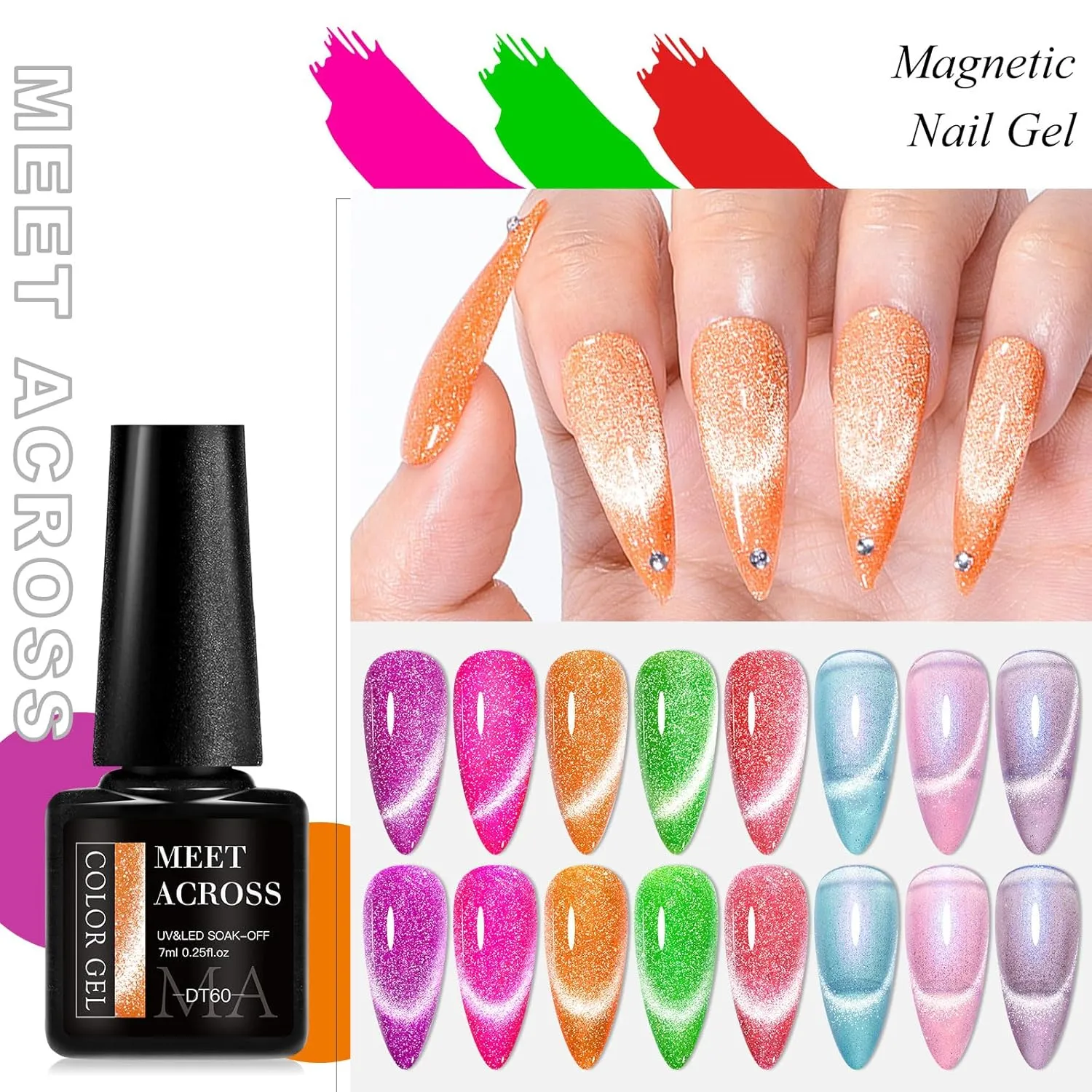 MEET ACROSS Neon Cat Eye Gel Nail Polish Aurora Mermaid Magnetic Nail Polish Kit 8 Colors Glitter Nail Polish with Magnet, Bright Gel Polish Pink Blue Purple Nail Art Manicure Gift
