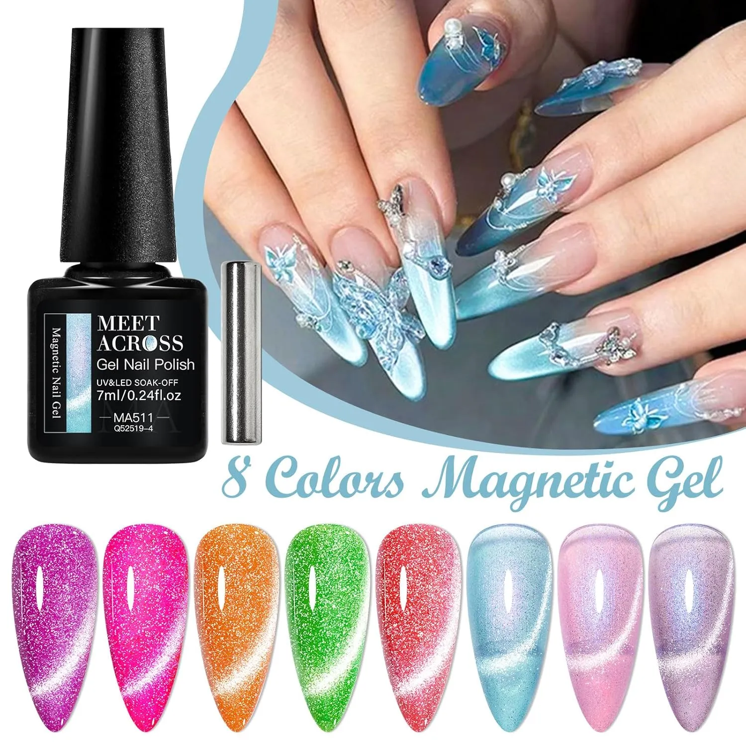 MEET ACROSS Neon Cat Eye Gel Nail Polish Aurora Mermaid Magnetic Nail Polish Kit 8 Colors Glitter Nail Polish with Magnet, Bright Gel Polish Pink Blue Purple Nail Art Manicure Gift