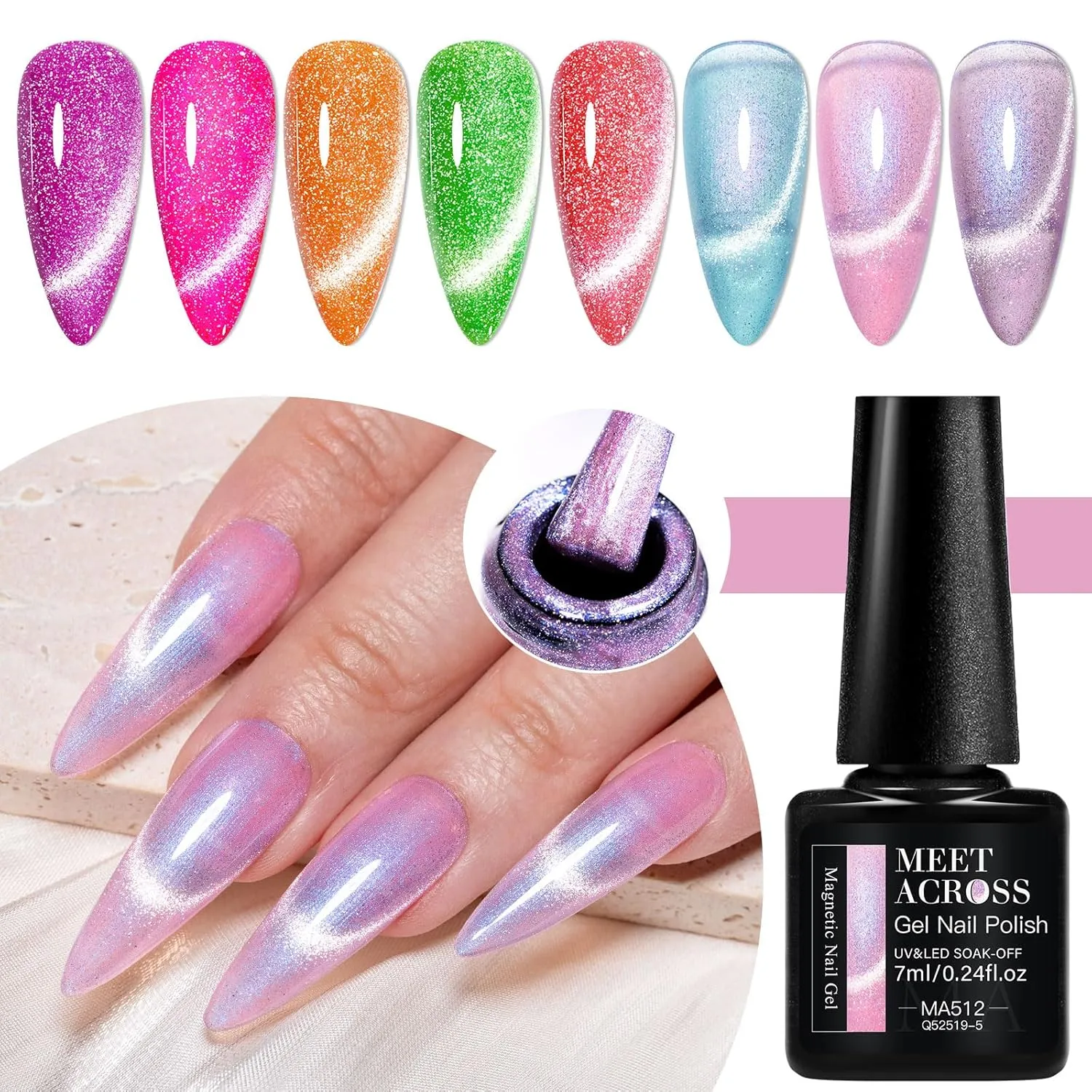 MEET ACROSS Neon Cat Eye Gel Nail Polish Aurora Mermaid Magnetic Nail Polish Kit 8 Colors Glitter Nail Polish with Magnet, Bright Gel Polish Pink Blue Purple Nail Art Manicure Gift