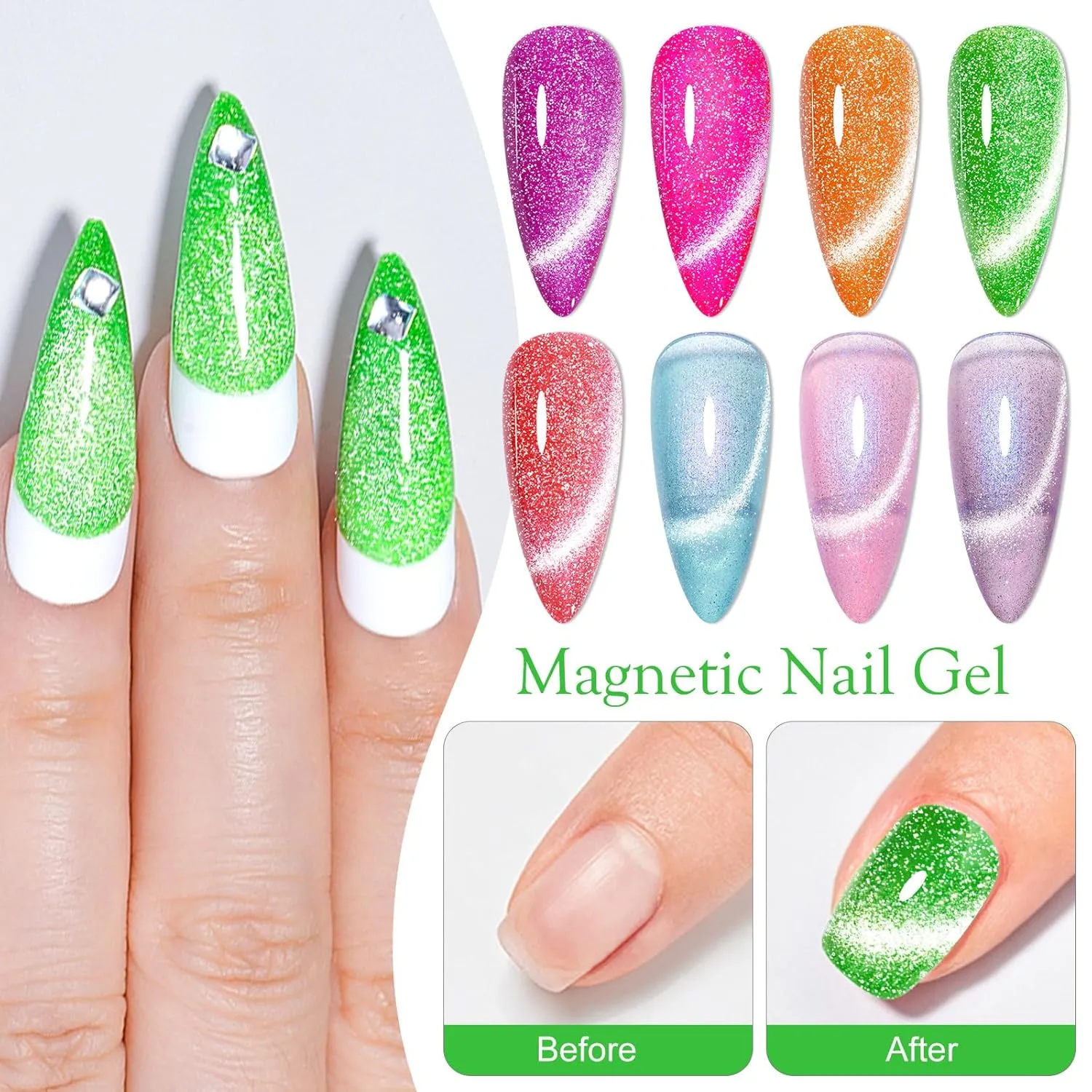 MEET ACROSS Neon Cat Eye Gel Nail Polish Aurora Mermaid Magnetic Nail Polish Kit 8 Colors Glitter Nail Polish with Magnet, Bright Gel Polish Pink Blue Purple Nail Art Manicure Gift