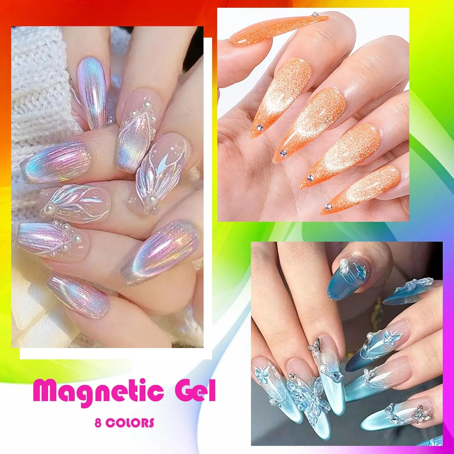 MEET ACROSS Neon Cat Eye Gel Nail Polish Aurora Mermaid Magnetic Nail Polish Kit 8 Colors Glitter Nail Polish with Magnet, Bright Gel Polish Pink Blue Purple Nail Art Manicure Gift