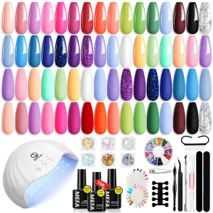 MEFA 32 Colors Gel Nail Polish Kit with U V Light, Spring Bright Pastel 54Pcs Pink Gel Polish Nail Set with Matte/Glossy Base Top Coat Essential Manicure Tools Nails Art Decorations Women Gifts
