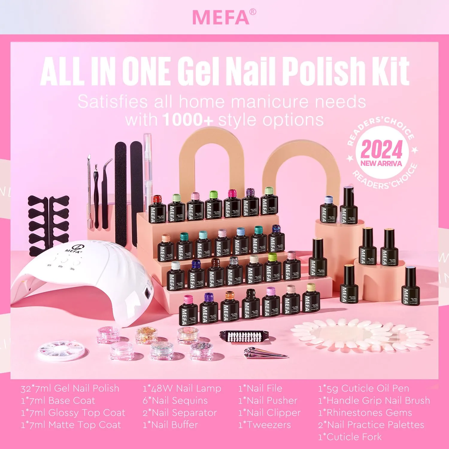 MEFA 32 Colors Gel Nail Polish Kit with U V Light, Spring Bright Pastel 54Pcs Pink Gel Polish Nail Set with Matte/Glossy Base Top Coat Essential Manicure Tools Nails Art Decorations Women Gifts