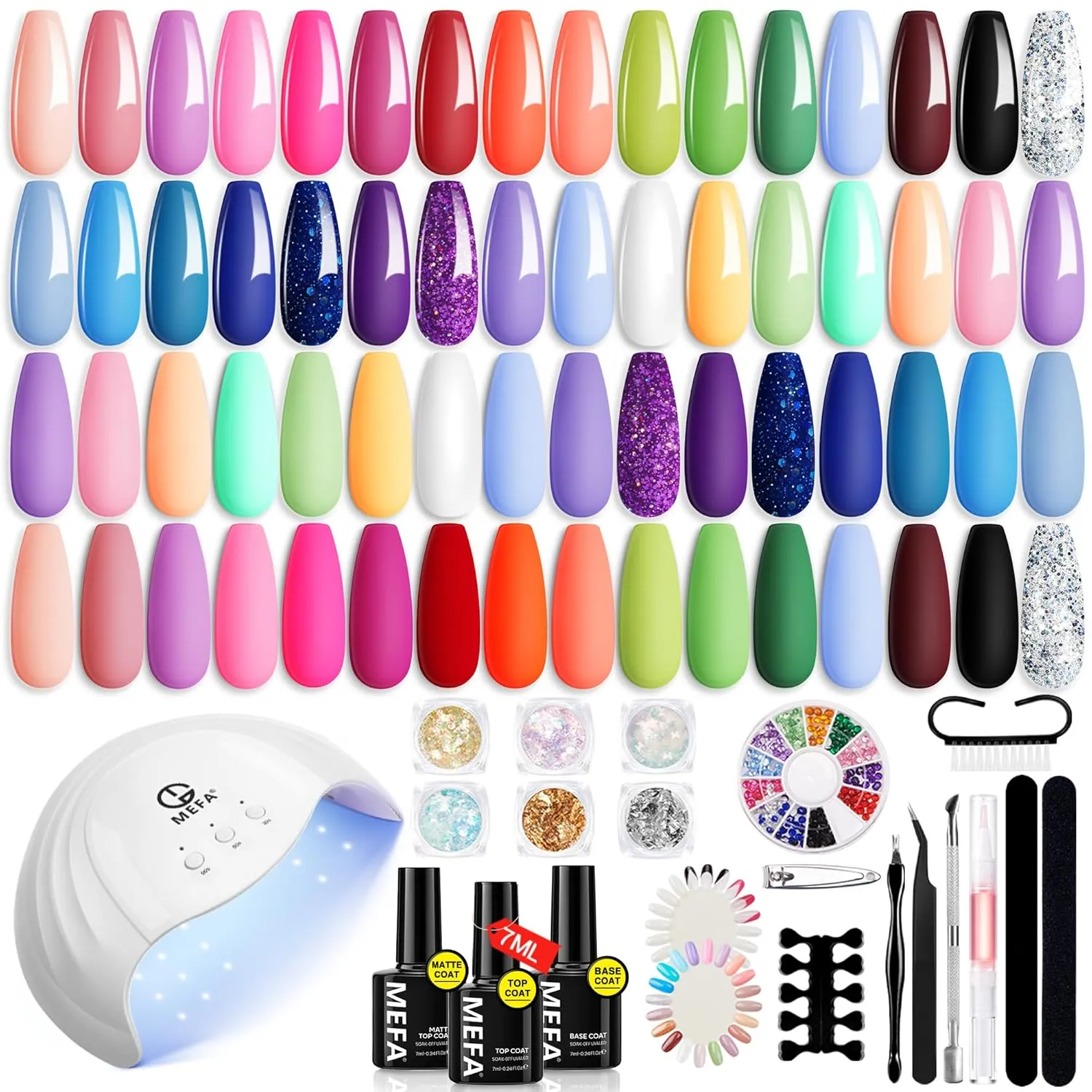 MEFA 32 Colors Gel Nail Polish Kit with U V Light, Spring Bright Pastel 54Pcs Pink Gel Polish Nail Set with Matte/Glossy Base Top Coat Essential Manicure Tools Nails Art Decorations Women Gifts