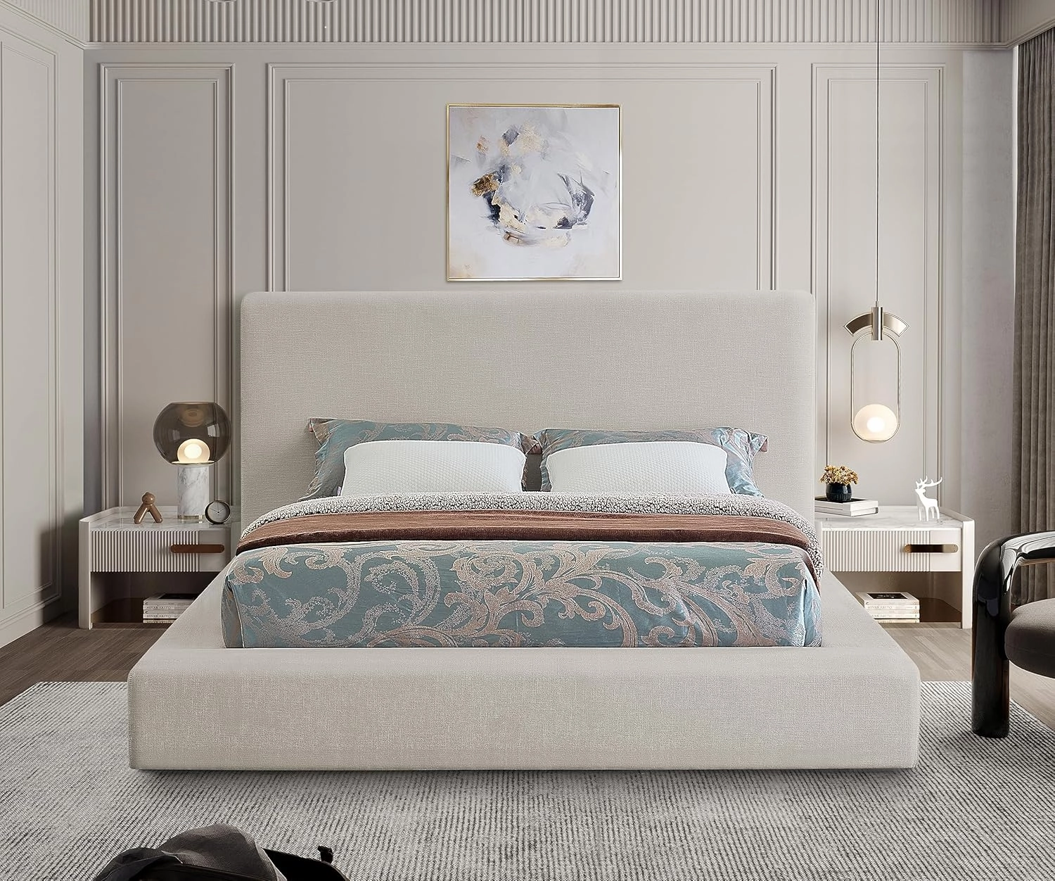 Meridian Furniture DevinCream-K Devin Collection Modern | Contemporary Bed with Luxe Linen Textured Fabric, 97" W x 92.5" D x 45" H, Cream, King Bed