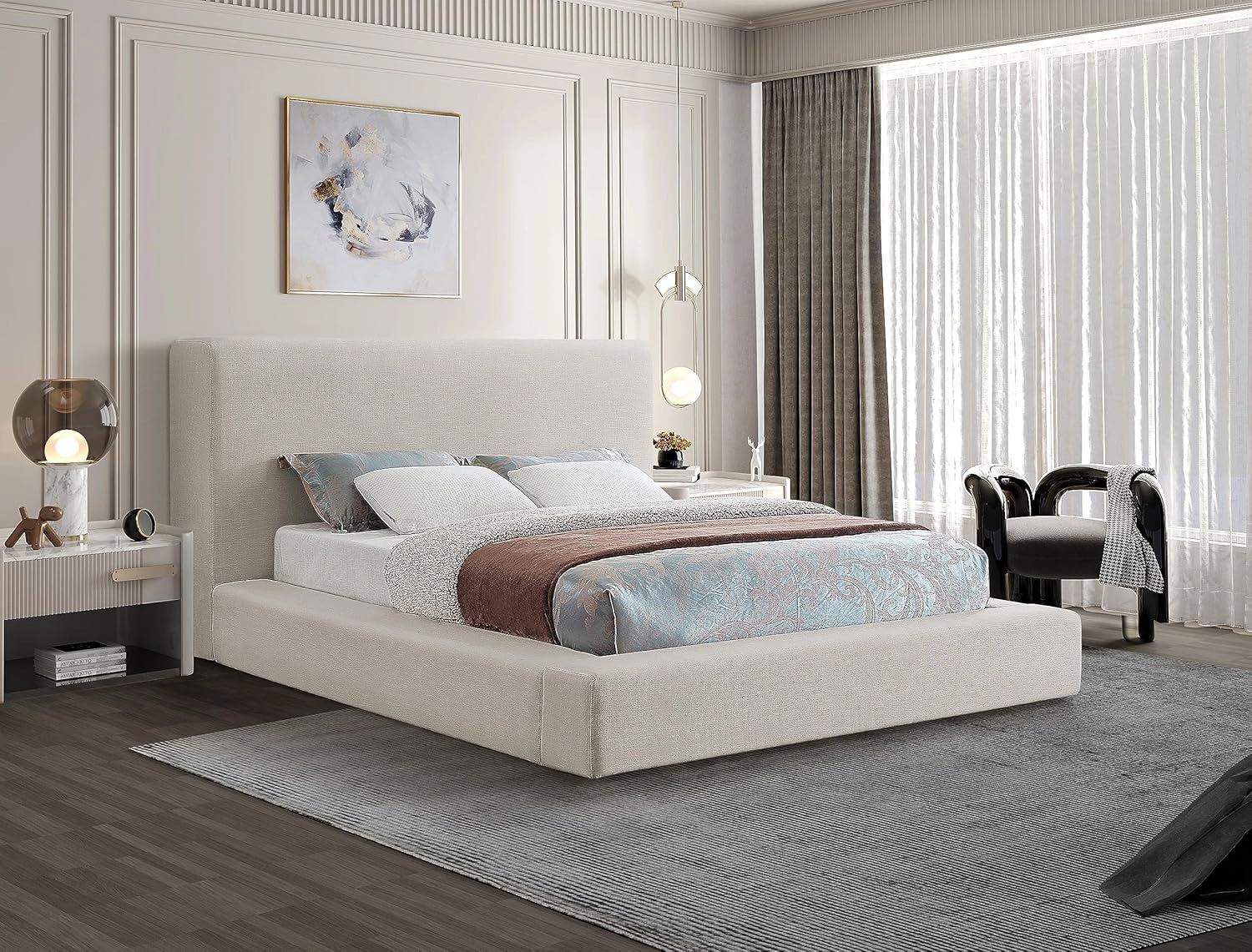 Meridian Furniture DevinCream-K Devin Collection Modern | Contemporary Bed with Luxe Linen Textured Fabric, 97" W x 92.5" D x 45" H, Cream, King Bed