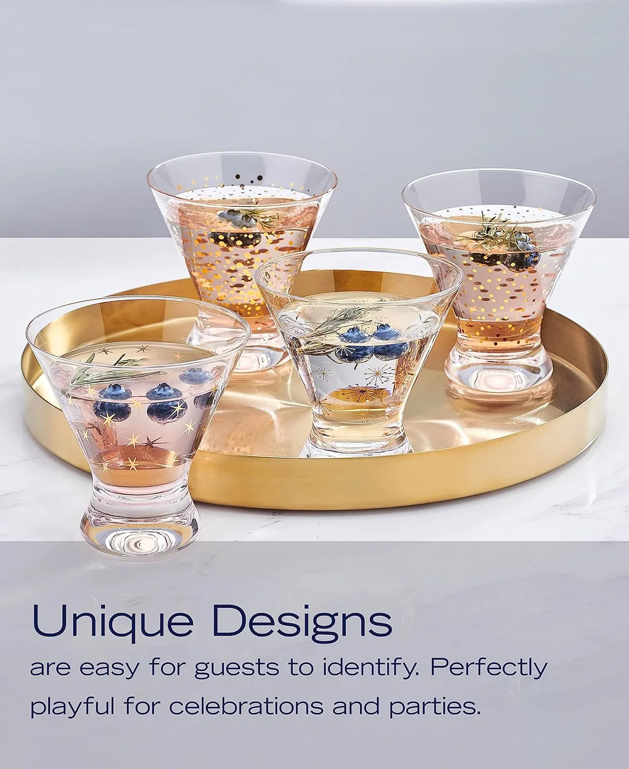 Mikasa Party Set of 4 Stemless Martini Glasses, 10 Ounce, Clear and Gold