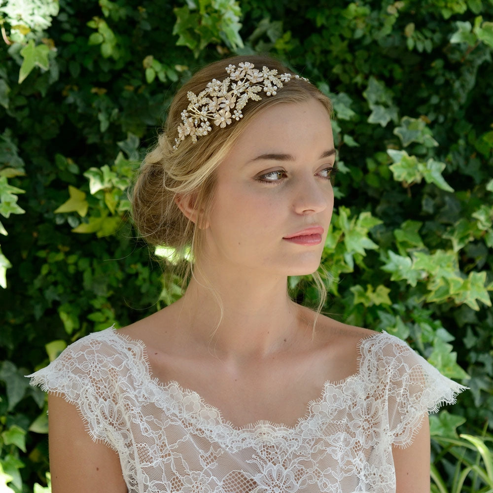 Mimosa golden enamelled pearl and crystal blossoms headpiece