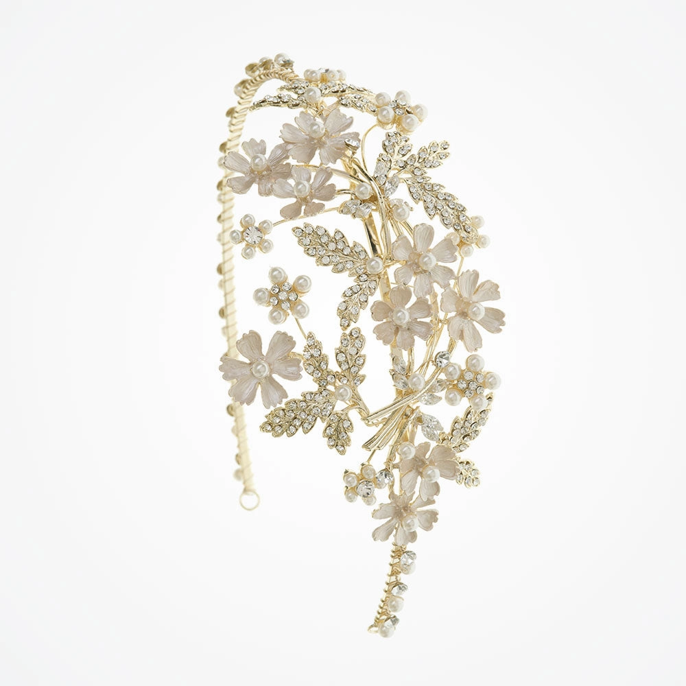 Mimosa golden enamelled pearl and crystal blossoms headpiece