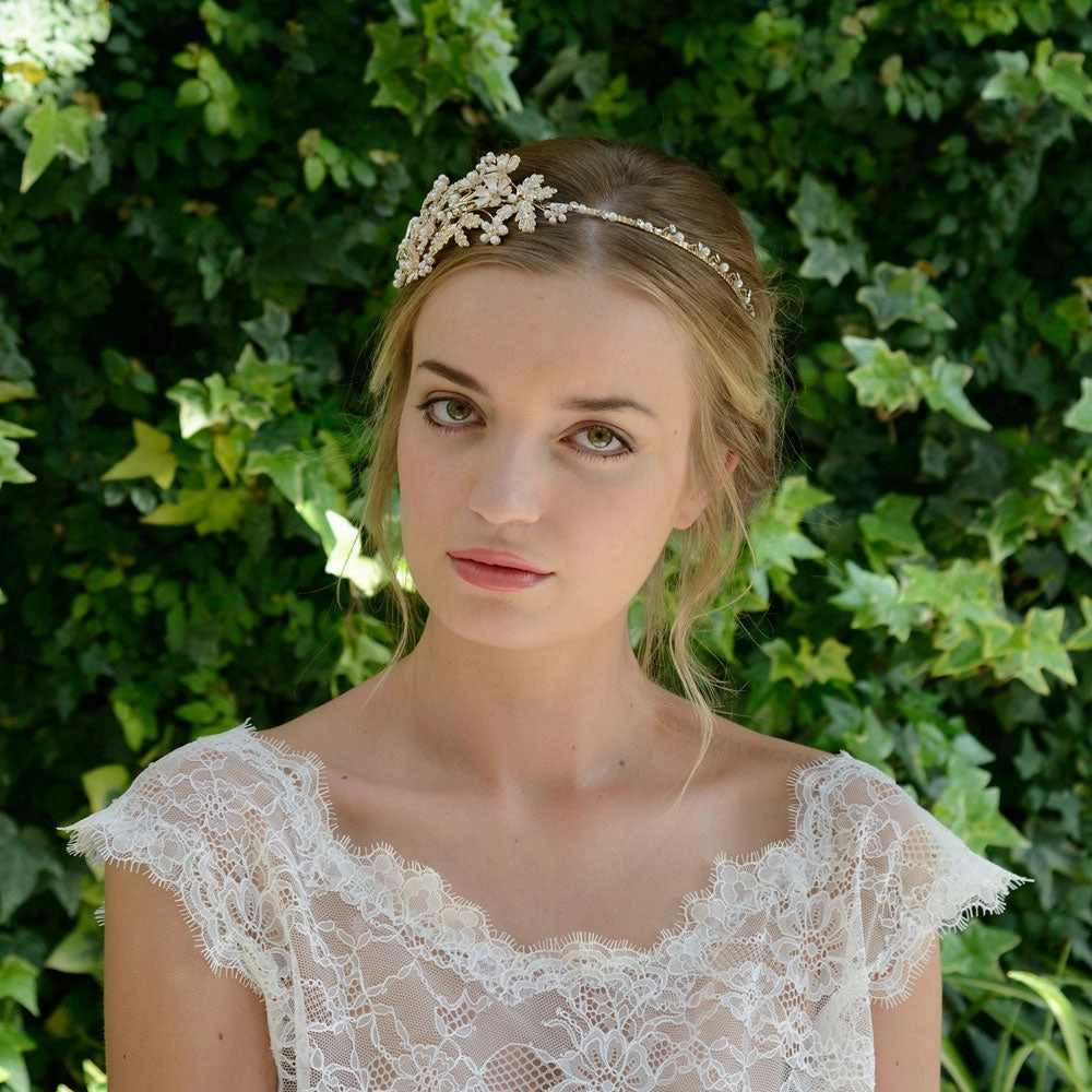 Mimosa golden enamelled pearl and crystal blossoms headpiece