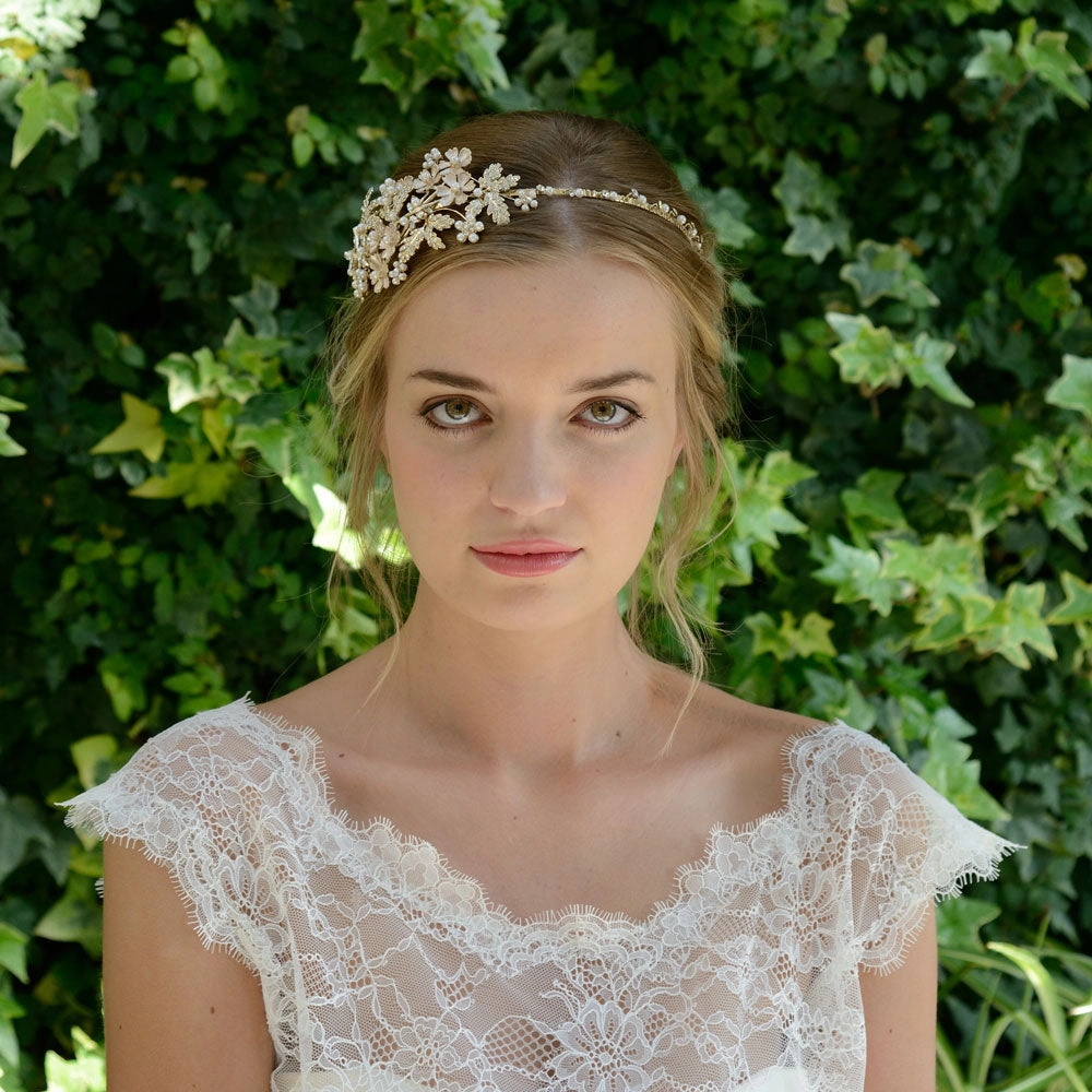 Mimosa golden enamelled pearl and crystal blossoms headpiece