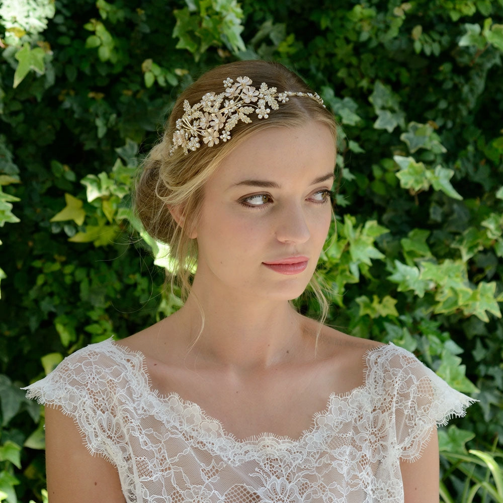 Mimosa golden enamelled pearl and crystal blossoms headpiece