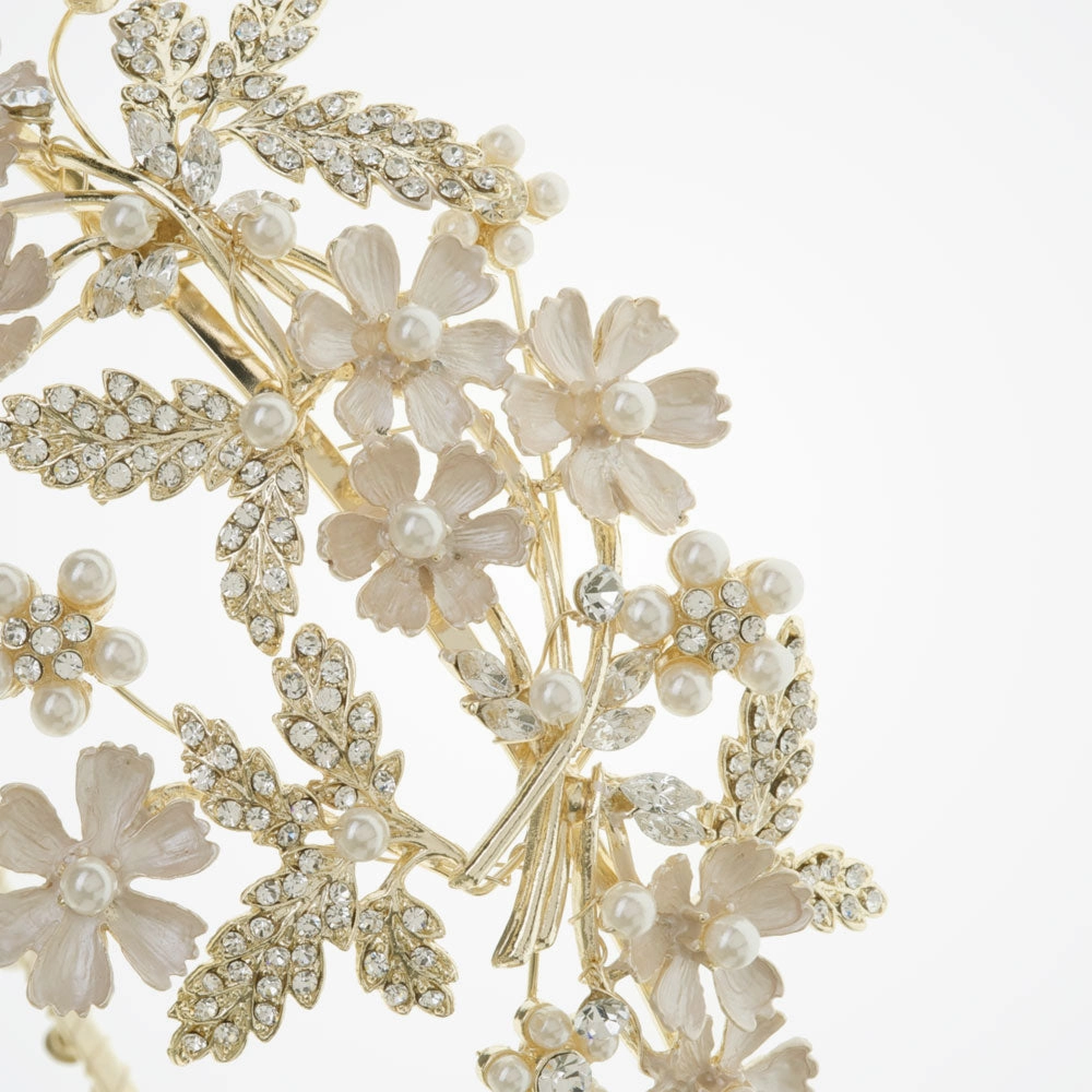 Mimosa golden enamelled pearl and crystal blossoms headpiece