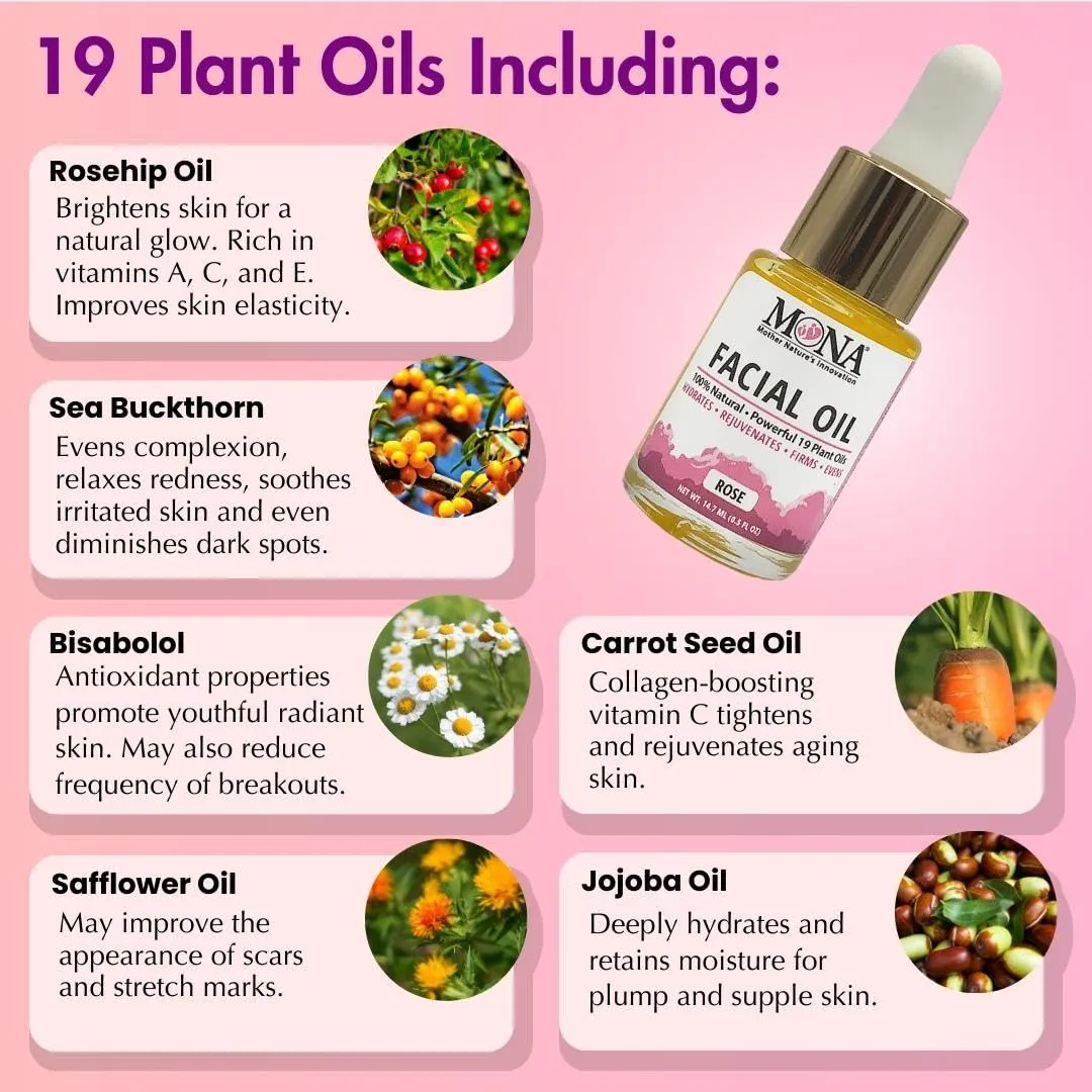 MONA Brands Natural Face Oil with Rosehip, Vitamin E, and Argan Oil | Pure Botanical Skincare | Anti-Aging Oil | All Skin Types | Rose Scented | 0.5 fl oz, Pack of 1