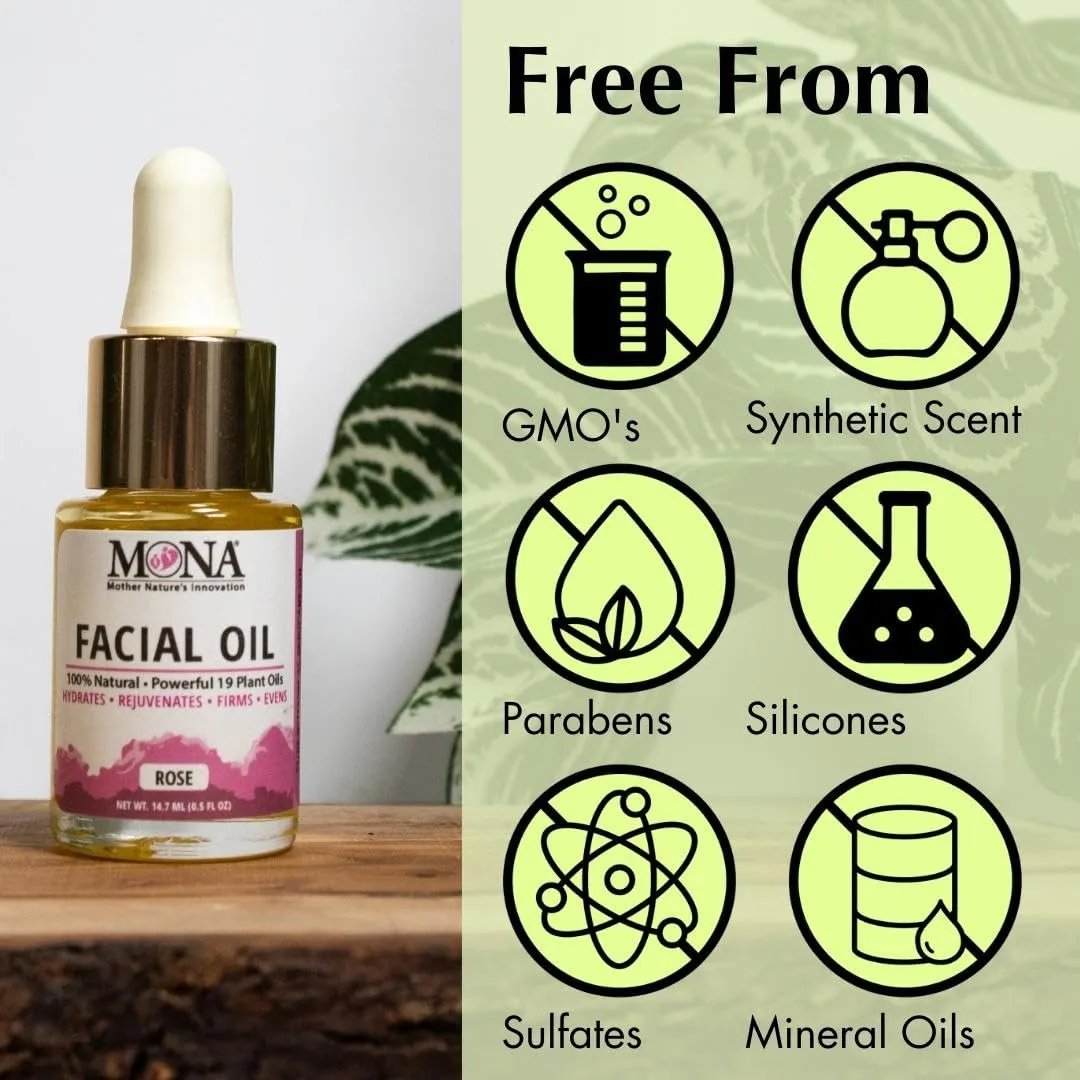 MONA Brands Natural Face Oil with Rosehip, Vitamin E, and Argan Oil | Pure Botanical Skincare | Anti-Aging Oil | All Skin Types | Rose Scented | 0.5 fl oz, Pack of 1