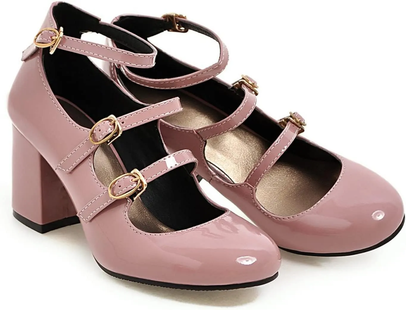 MOOMMO High Chunky Heel Mary Janes for Women Round Closed Toe Patent Leather Mary Jane Pumps Triple Ankle Strap Sexy 3” Block Heels Dress Shoes Sandals Sexy Party Wedding Cute 4-10 M US