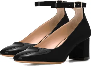 MOOMMO Women Low Chunky Block Heels Sandals Pumps Ankle Strap Round Closed Toe Dress Shoes 2" Heels Patent Suede Classic Formal Mid Heels Wedding Office Work Dance Shoe Dressy Comfort 4-11 M US