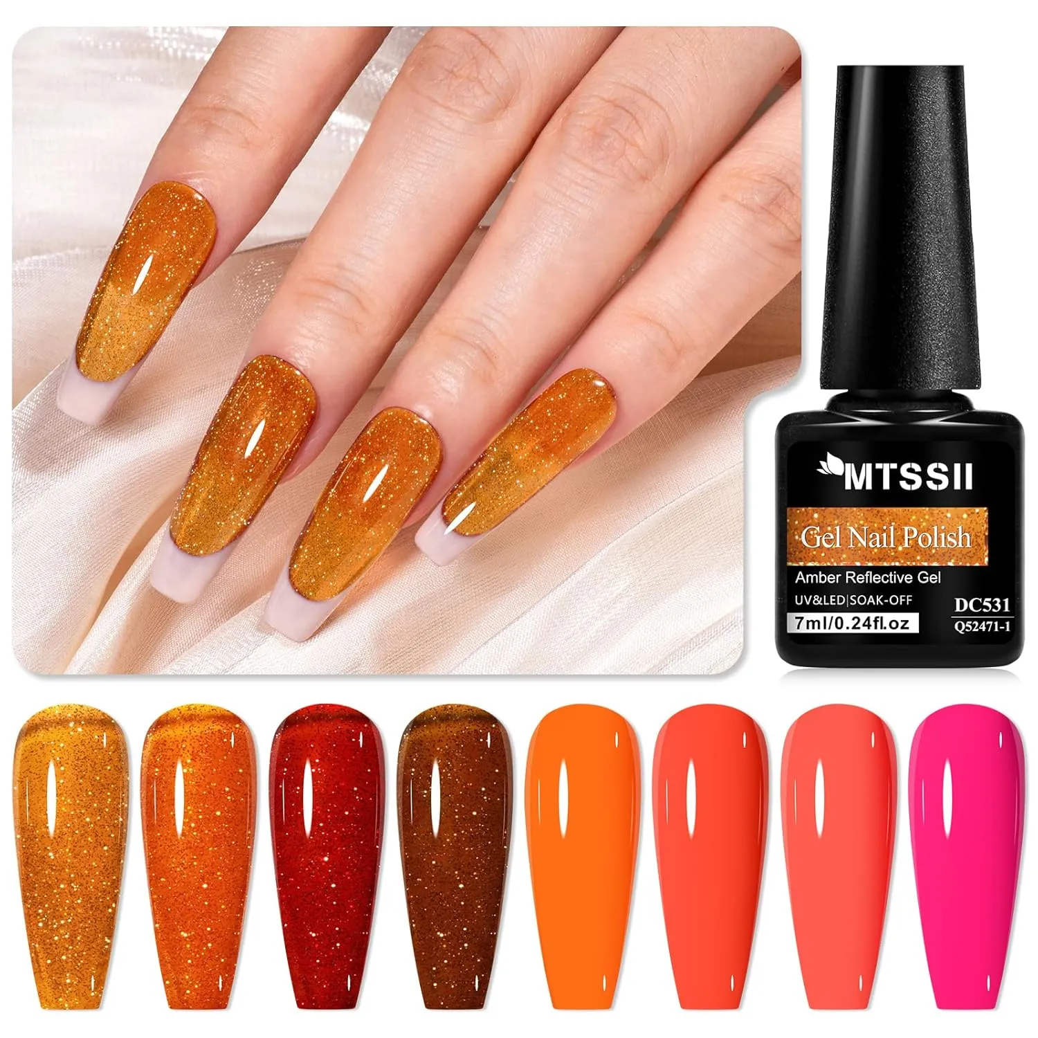 MTSSII Reflective Glitter Gel Polish 12 Pcs Amber Orange Red Hot Pink Coral Sparkly Shiny Disco DJ LED Gel Nail Polish Nail Varnish