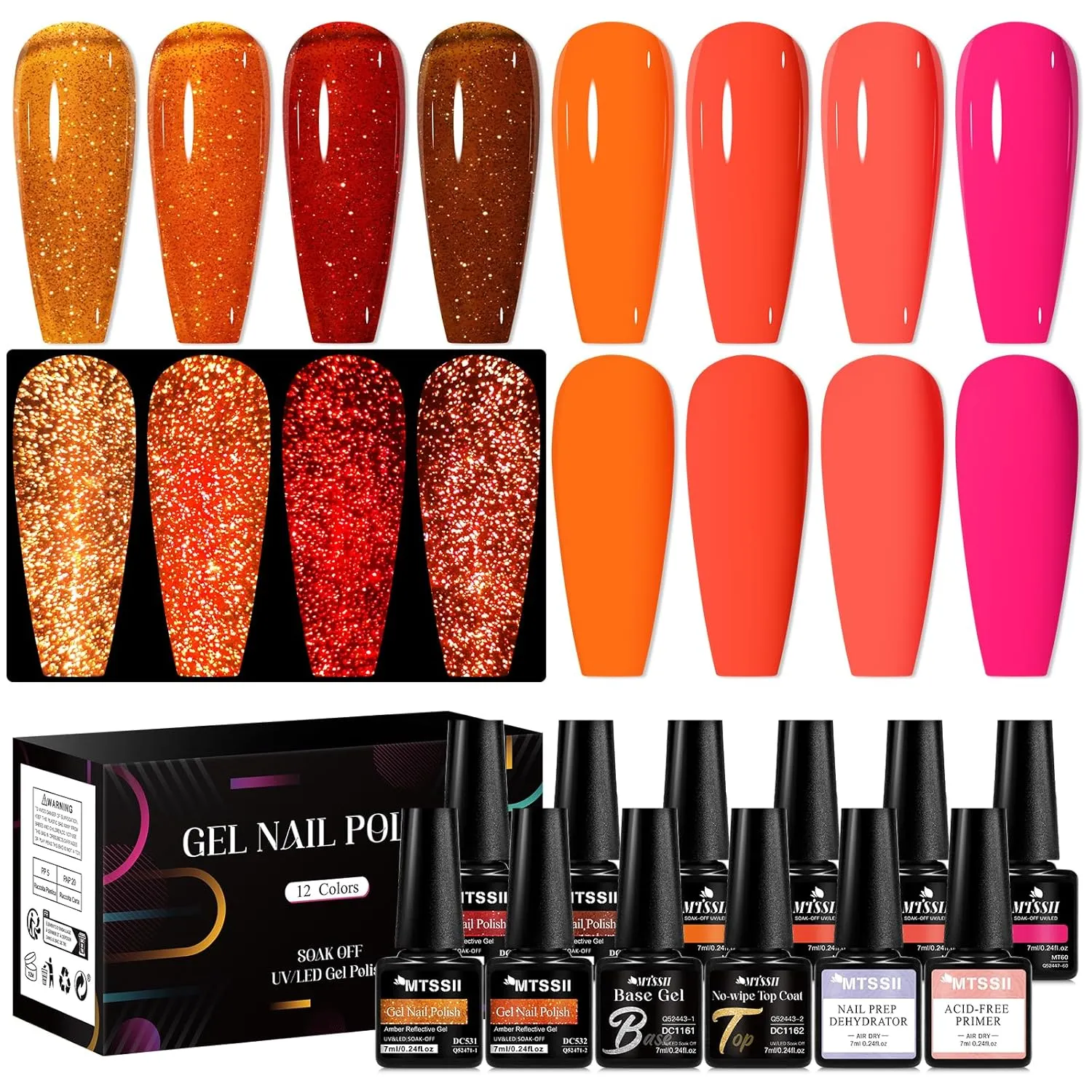 MTSSII Reflective Glitter Gel Polish 12 Pcs Amber Orange Red Hot Pink Coral Sparkly Shiny Disco DJ LED Gel Nail Polish Nail Varnish