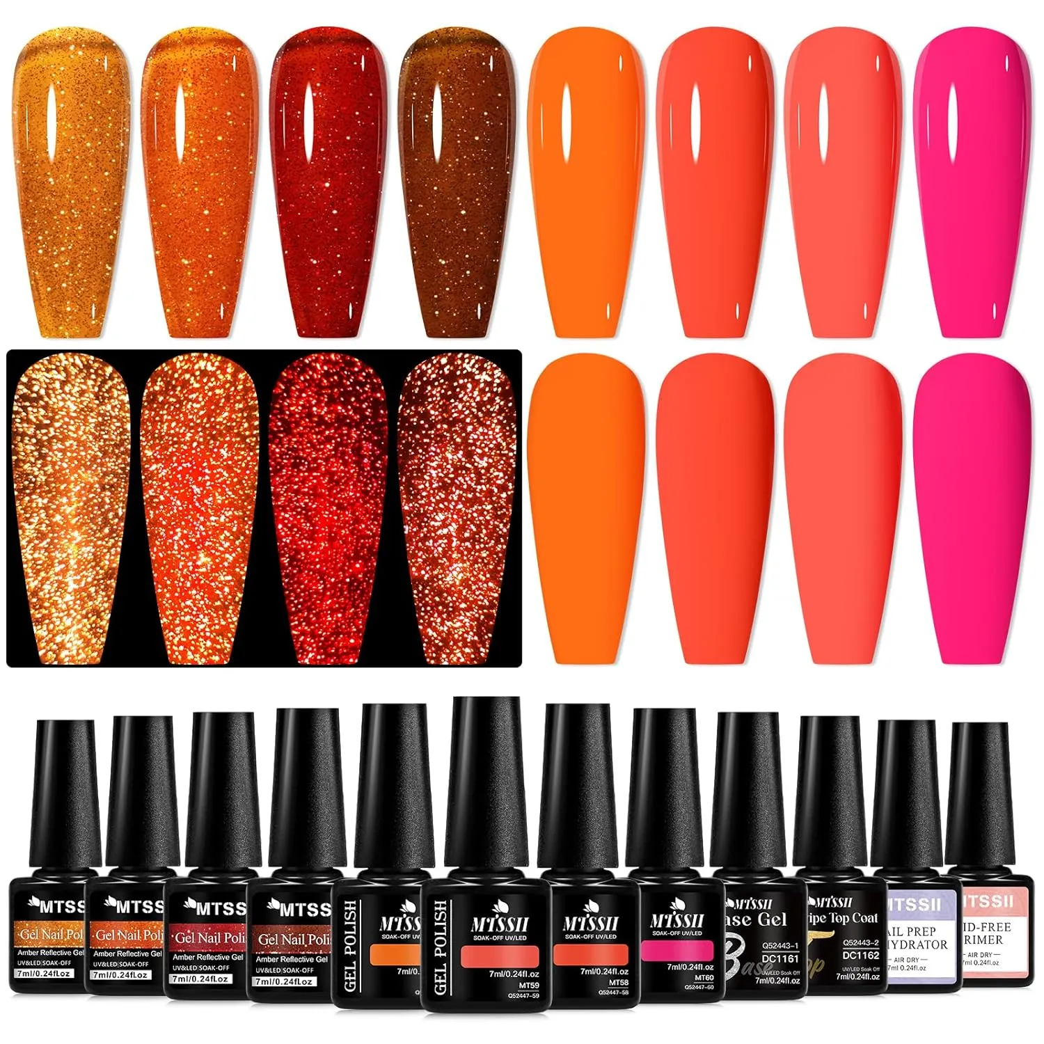 MTSSII Reflective Glitter Gel Polish 12 Pcs Amber Orange Red Hot Pink Coral Sparkly Shiny Disco DJ LED Gel Nail Polish Nail Varnish