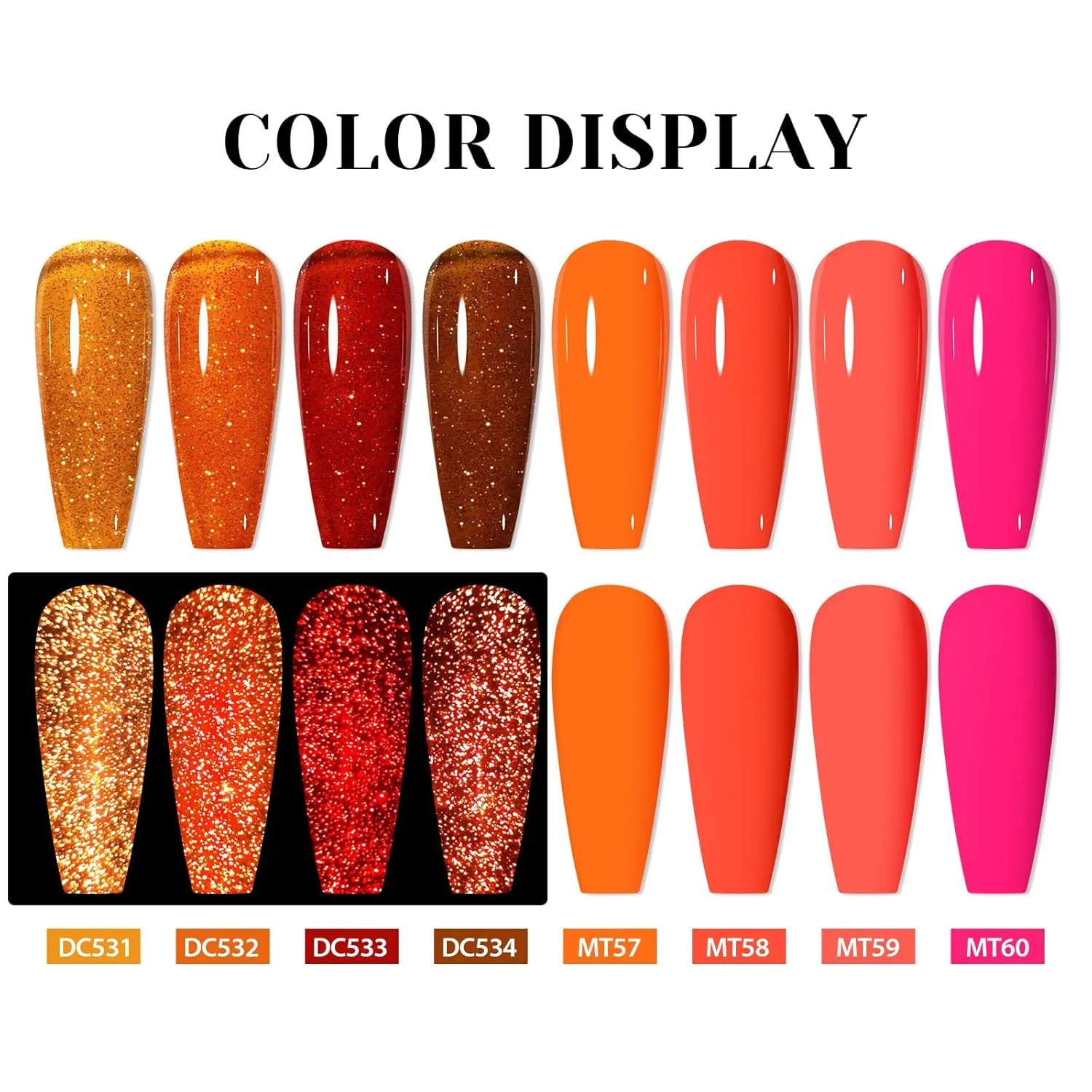 MTSSII Reflective Glitter Gel Polish 12 Pcs Amber Orange Red Hot Pink Coral Sparkly Shiny Disco DJ LED Gel Nail Polish Nail Varnish