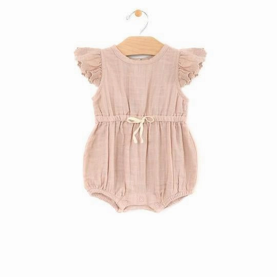 Muslin Waist Tie Romper - Soft Peach