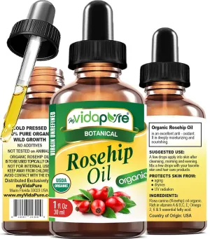 MYVIDAPURE Organic ROSEHIP OIL Certified Organic WILD GROWTH RAW Pure VIRGIN UNREFINED 1 Fl.oz.- 30 ml. For Face, Body, Hair and Lip Care