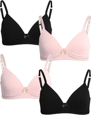 Nicole Miller Girls Training Bras - 4 Pack Molded Microfiber A-Cup Bra, Adjustable Straps - No Wire Bra for Girls (30A-36A)