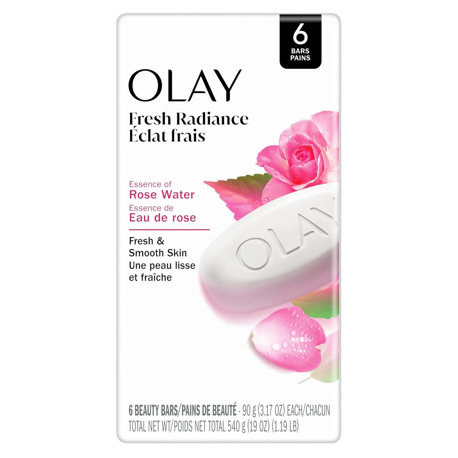 Olay Beauty Bar, Fresh Radiance, Nourishing & Refreshing Formula, Pampering for Smooth & Gentle Skin, Vitamin B3 Complex, Essence of Rose Water Scent, 3.17 oz (Pack of 6)