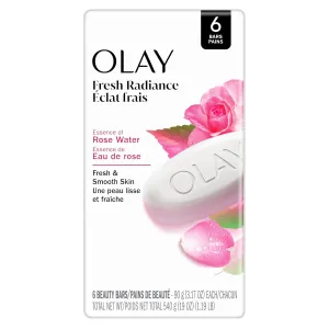 Olay Beauty Bar, Fresh Radiance, Nourishing & Refreshing Formula, Pampering for Smooth & Gentle Skin, Vitamin B3 Complex, Essence of Rose Water Scent, 3.17 oz (Pack of 6)