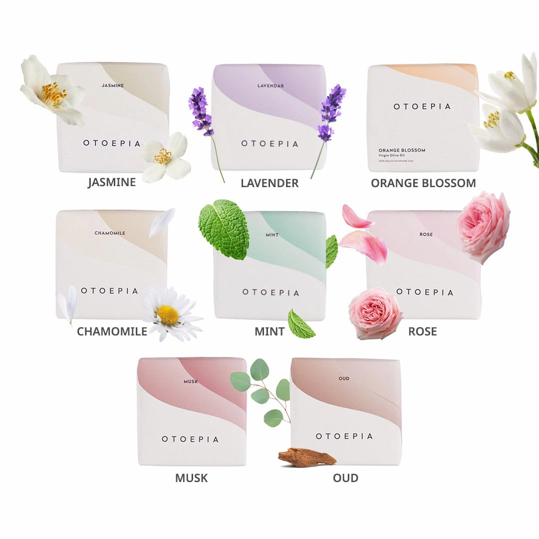 Olive Oil Soap Bars - 8 Scented Variety Pack - Natural & Moisturizing - Lavender, Orange Blossom, Jasmine, Rose, Mint, Oud, Musk, Chamomile - Gentle Cleansing - Single Scents Available