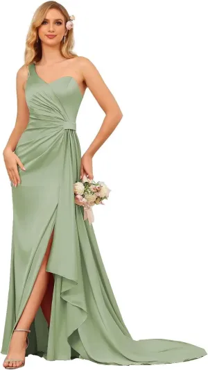 One Shoulder Satin Bridesmaid Dress Long for Women Sleeveless Ruched Formal Dress with Split WD089