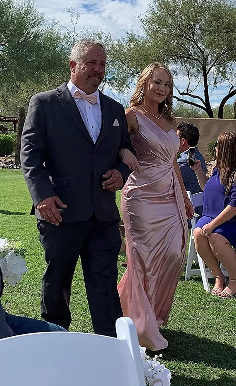 One Shoulder Satin Bridesmaid Dress Long for Women Sleeveless Ruched Formal Dress with Split WD089