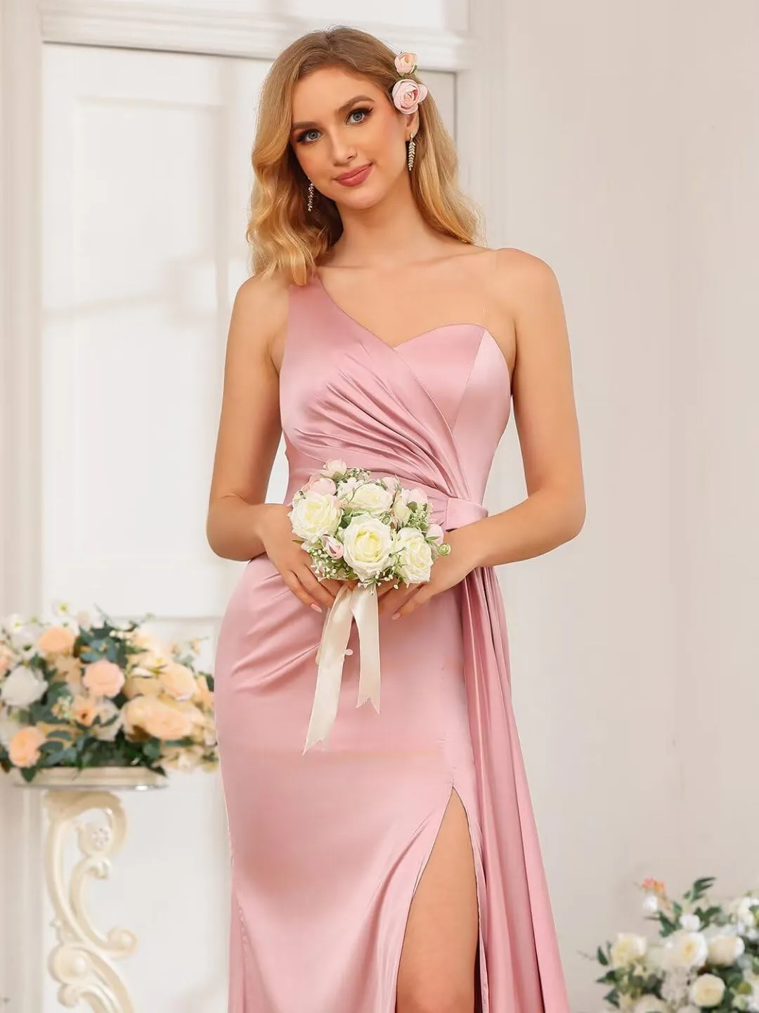 One Shoulder Satin Bridesmaid Dress Long for Women Sleeveless Ruched Formal Dress with Split WD089