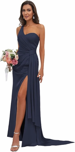 One Shoulder Satin Bridesmaid Dress Long for Women Sleeveless Ruched Formal Dress with Split WD089