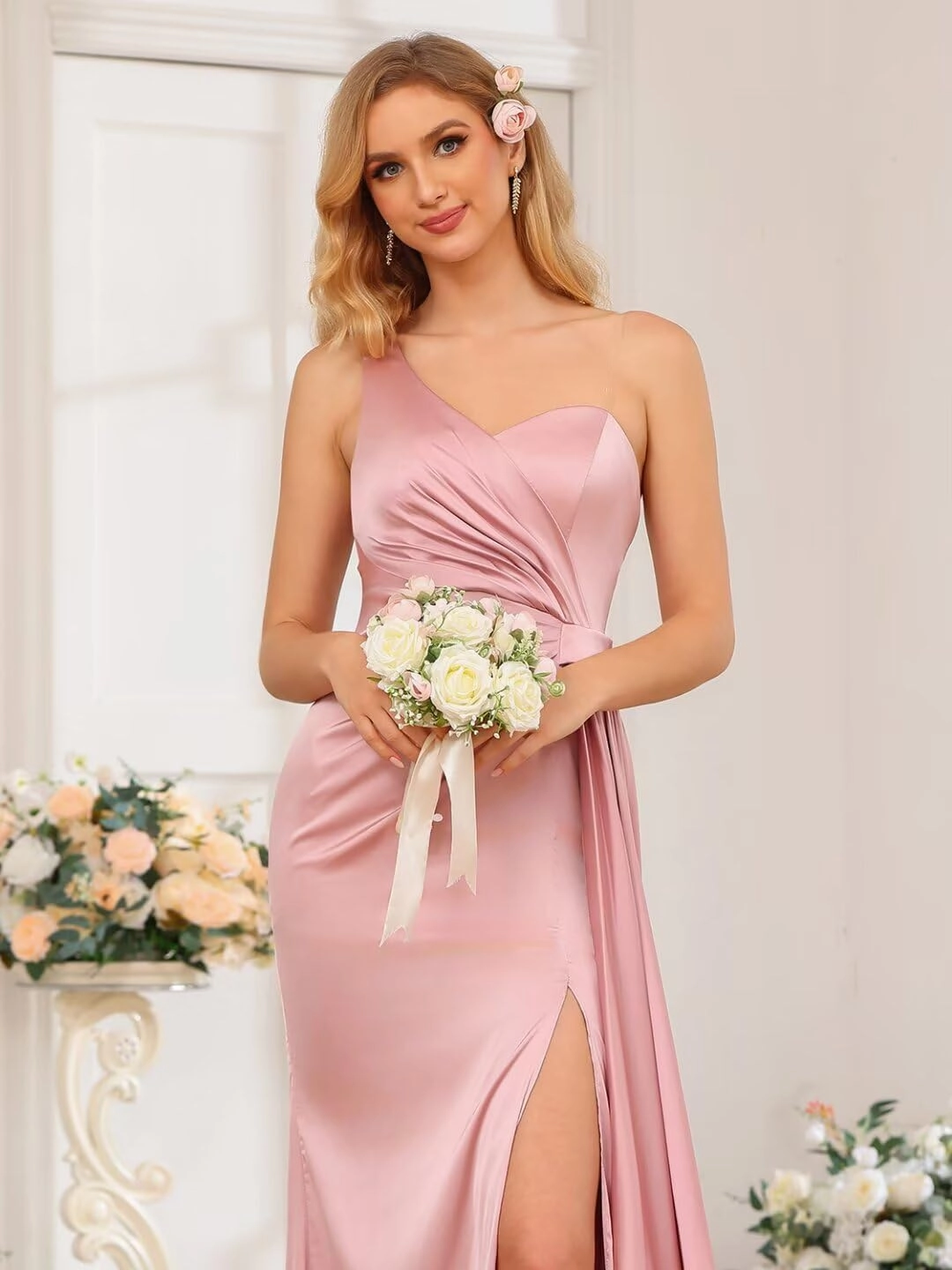 One Shoulder Satin Bridesmaid Dress Long for Women Sleeveless Ruched Formal Dress with Split WD089