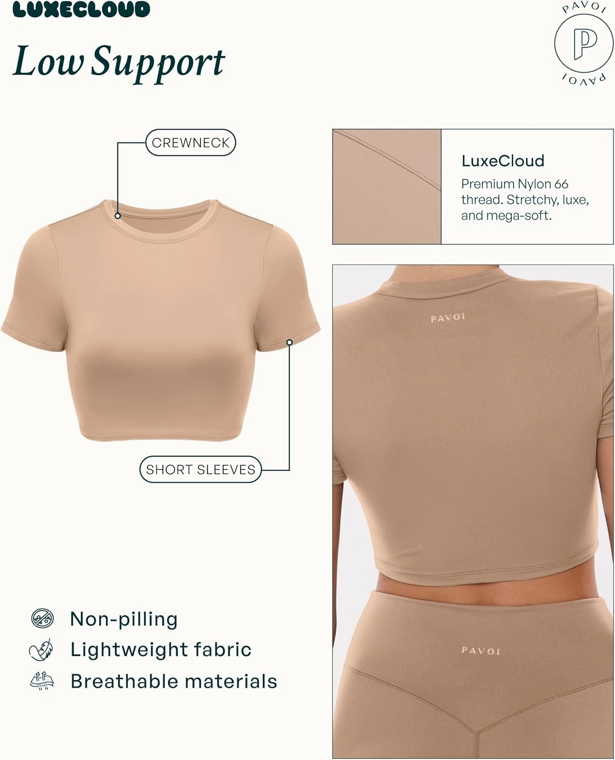 PAVOI ACTIVE Athleisure Crop Tee | Low Support Crew Neck Short Cap Sleeves Lounge Workout Women's Cropped Top | LuxeCloud
