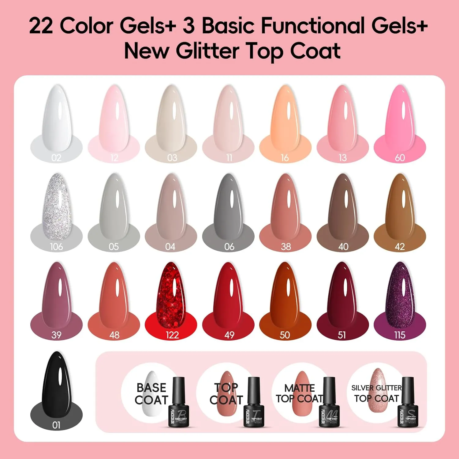 Peacecolor 39pc Gel Nail Polish Kit with U V Light, Pink Brown Nude Dark Red 22 Colors Pastel Gel Polish Kit with Base Top Coat Matte Glossy French Nail Art for Beginners Manicure DIY