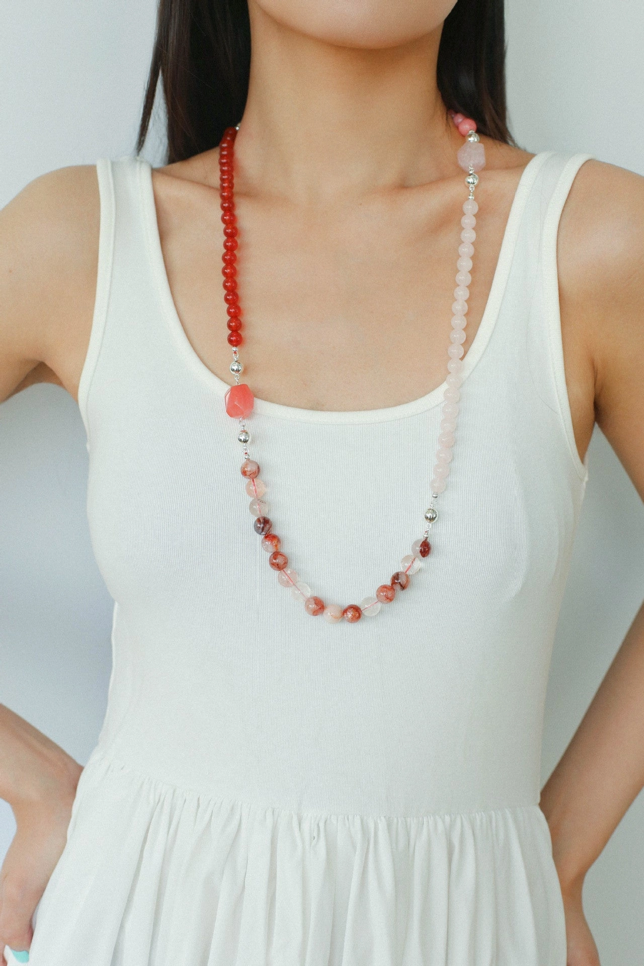 Peach Chalcedony & Rose Quartz Magnetic Convertible Beaded Necklace