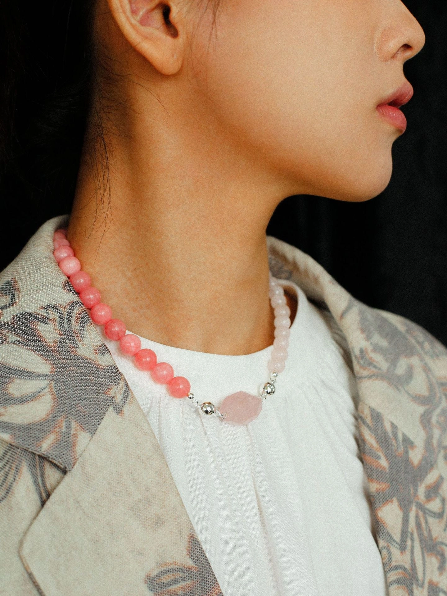 Peach Chalcedony & Rose Quartz Magnetic Convertible Beaded Necklace