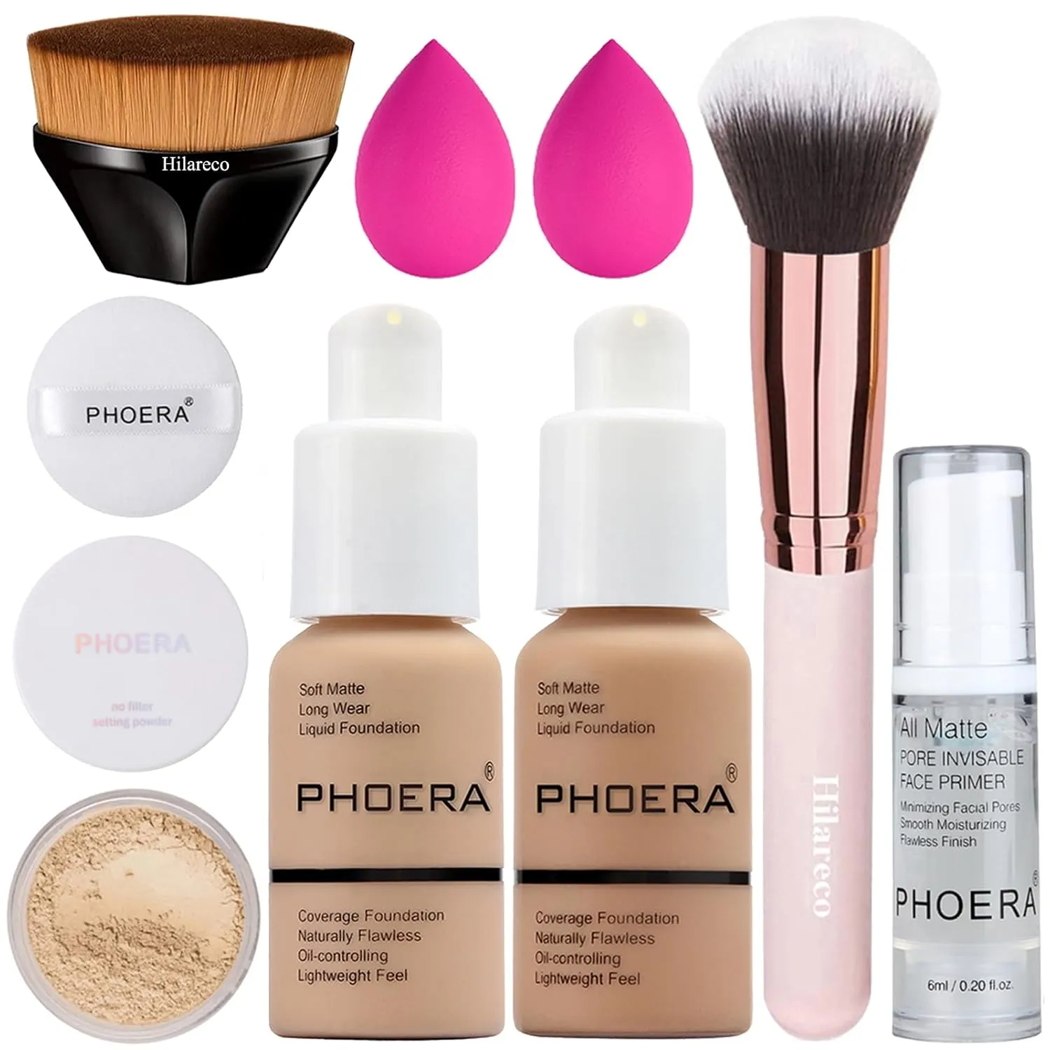 PHOERA Foundation, Full Coverage Foundation, PHOERA Primer, PHOERA Powder, PHOERA Makeup Set, Kabuki Makeup Brushes Foundation Brush Powder Brush,2 Pcs Makeup Sponge (104 Buff Beige   105 Sand)