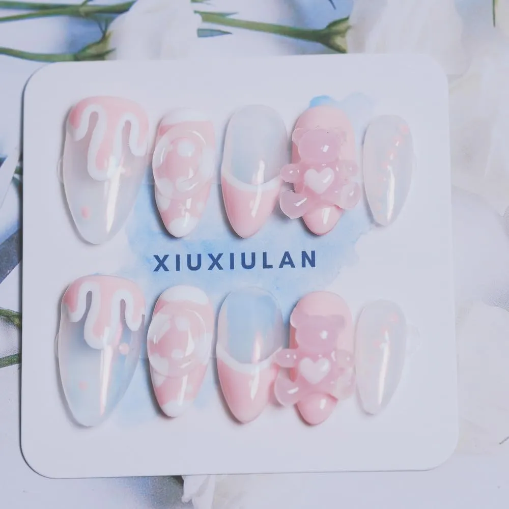 Pink Bear Aurora Sweet Cute Handmade Press on Nails Almond, Cartoon Glossy Sheer 3D Nude False Nails, Soft Gel 10 pcs (Pink S, S)